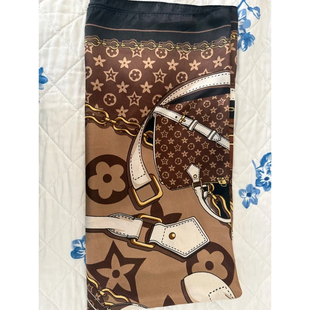 Designer Inspired Monogram Handbag Print Square Scarf Brown Tan Gold Chain